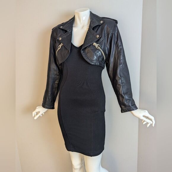 RARE Naked Angels Parasuco Black Bodycon Dress w/ Zip-Off Leather Moto Jacket S/ - Picture 3 of 15